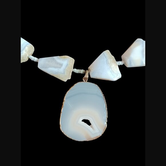 Handmade Boho Agate Druzy Natural Stone 21" Long Statement Necklace 20" - Picture 5 of 7